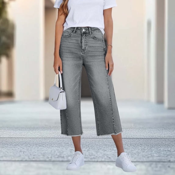 Baeitkot Women's Summer Slim Denim Pants Women's Summer Solid Color Slim Fashion Flattering Button-Up Back Pocket Denim Pants Gray XXL
