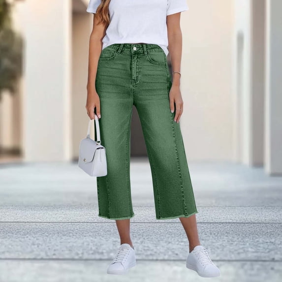 Baeitkot Women's Summer Slim Denim Pants Women's Summer Solid Color Slim Fashion Flattering Button-Up Back Pocket Denim Pants Green XXL