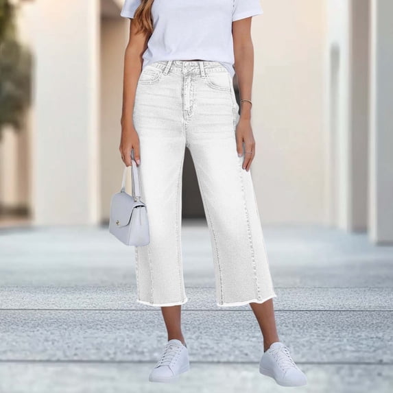 Baeitkot Women's Summer Slim Denim Pants Women's Summer Solid Color Slim Fashion Flattering Button-Up Back Pocket Denim Pants White XXL