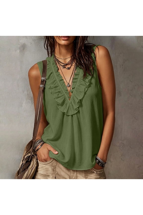 Women's Wave Neck Sleeveless Top Women's Summer Solid Color Ruffled Wave Neck Sleeveless Top Army Green XL