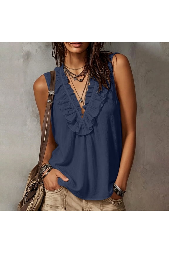 Women's Wave Neck Sleeveless Top Women's Summer Solid Color Ruffled Wave Neck Sleeveless Top Navy M