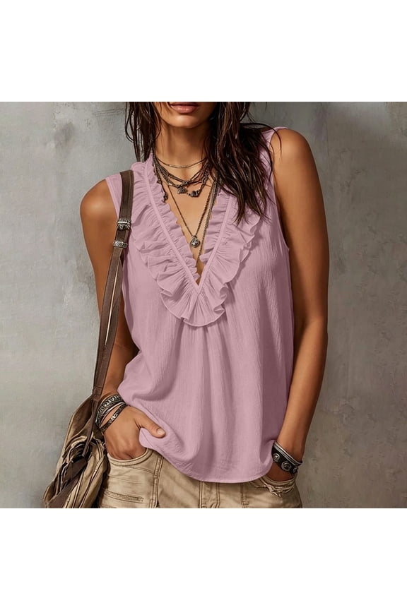 Women's Wave Neck Sleeveless Top Women's Summer Solid Color Ruffled Wave Neck Sleeveless Top Pink XXL