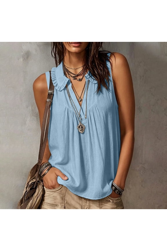 Women's Summer V-Neck Sleeveless Top Women's Summer Solid Color Pleated Collar Wave V-Neck Sleeveless Top Blue XXL