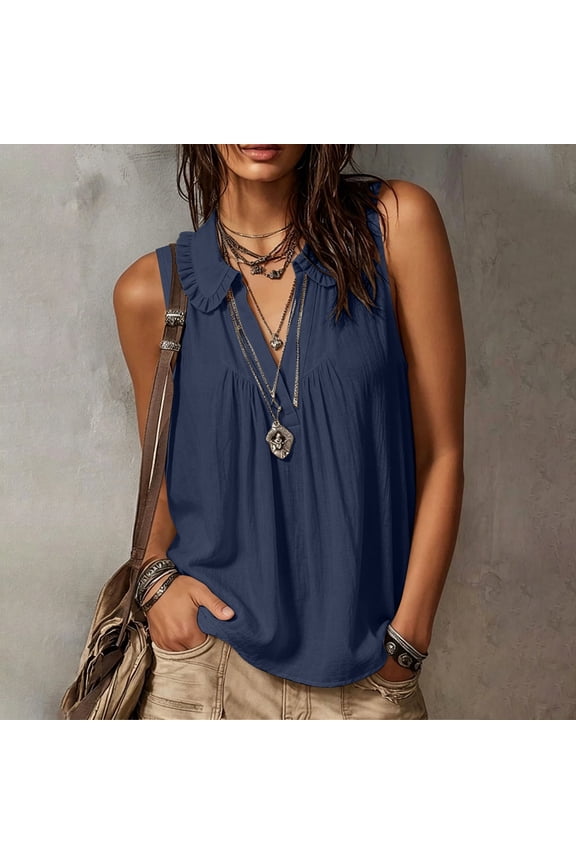 Women's Summer Sleeveless Top Women's Summer Solid Color Pleated Collar Wave V-Neck Sleeveless Top Navy S