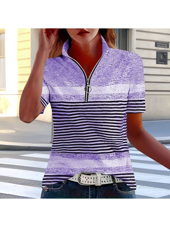Women'sa Printed Short-Sleeveda Top Women's Spring And Summer Stripe Printed Short-Sleeved Loose-Tee Shirt Lapel Top Purple S