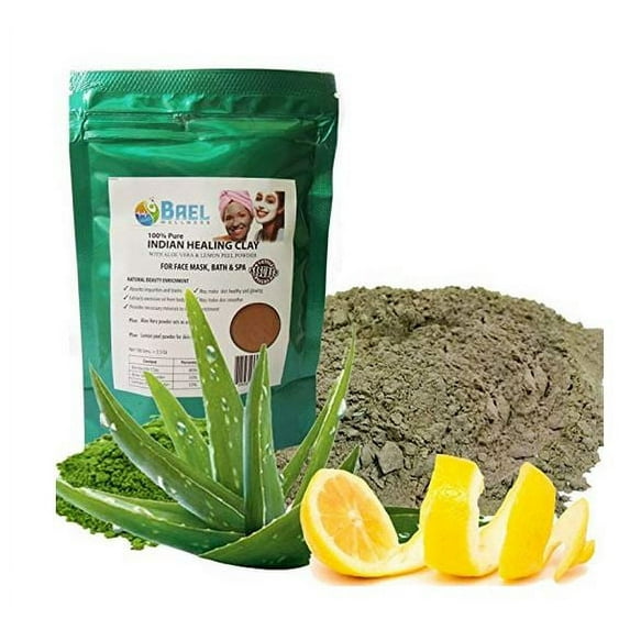 Bael Wellness Indian Healing Clay, Bentonite Clay with Aloe Vera & Lemon Peel Powder. Pore Cleansing Facial Mask.