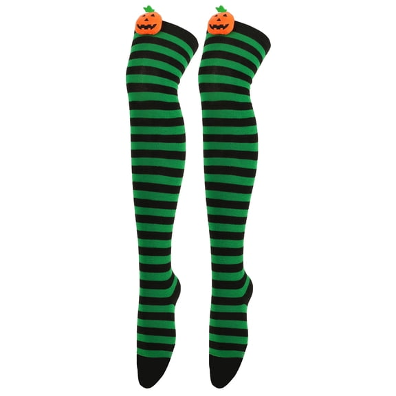 Baellert 1 Pair Halloween Stockings Over The Knee Funny Cartoon Pumpkin Striped Contrast Color Soft Keep Warm High Elasticity Solid Color Winter Thigh Socks for Halloween Party