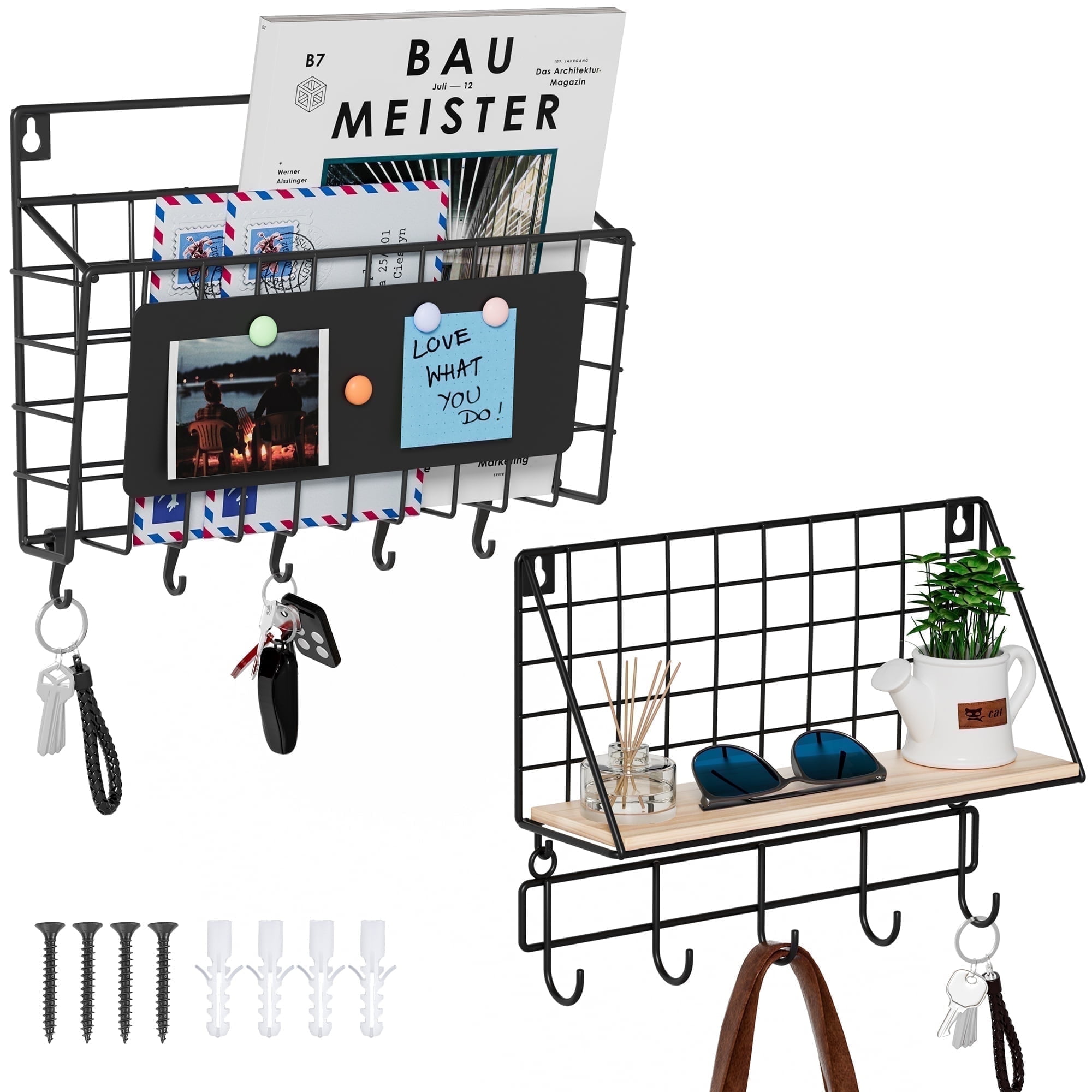 Matte Black Iron and Wood Wall Mounted Key and Mail Organizer with 10 Hooks