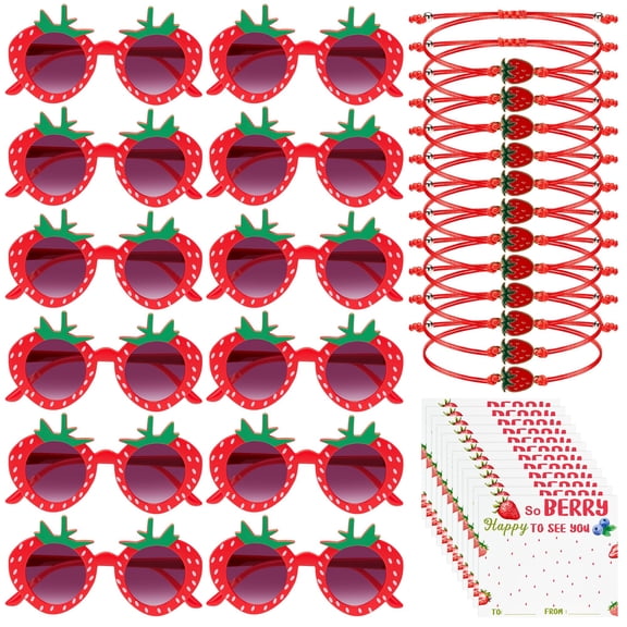 Bafeil 12 Sets Strawberry Party Favors - Strawberry Sunglasses, String Bracelets with Berry Cards, Berry First Birthday Party Decorations, Toddler Party Supplies for Strawberry Theme Events Y114