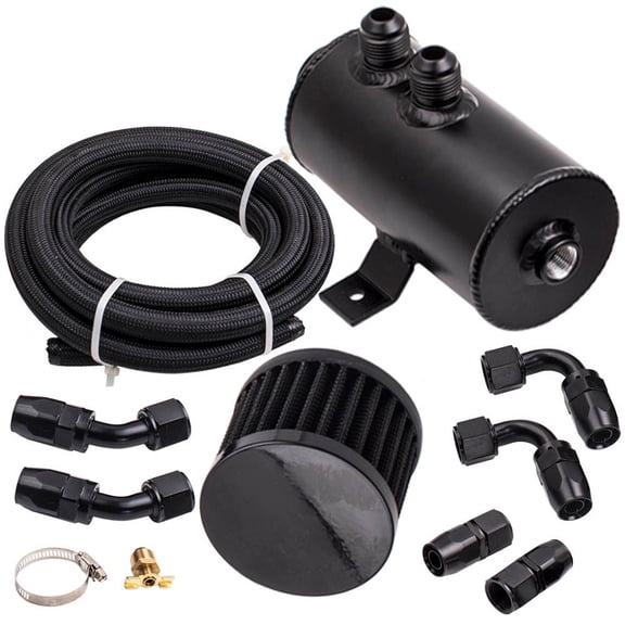 Baffled Engine Oil Catch Can 0.75L Twin Port AN10 - Universal Fit, Black Aluminum, 3" Diameter, 10.5" Height, Includes Hose Kit
