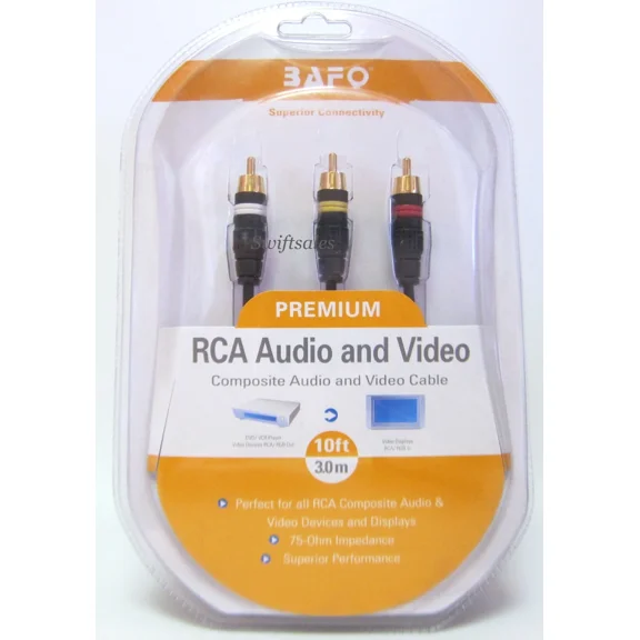 Bafo Premium 24K Gold Plated Composite Rca A/V Audio Video Cable 10' 10Ft