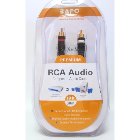 Bafo Premium 24K Gold Plated L/R Rca Stereo Audio Cable 10' 10Ft Retail Pack