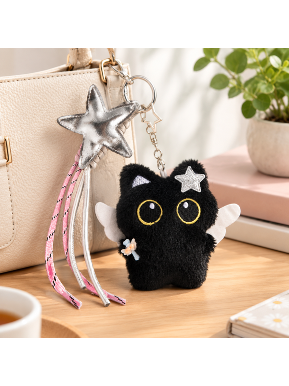 Bag Charm Angel Cat Black Plush Keychain for Backpack Purse Accessories