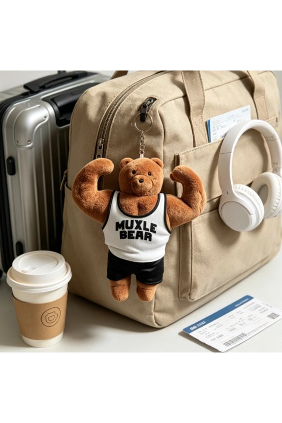 Bag Charm Plush Muscle Bear Keychain, Cute Workout Gym Backpack Pendant, Mini Fluffy Teddy Bear Ornament, Fun Small Novelty Gift for Guys Weightlifting Fans