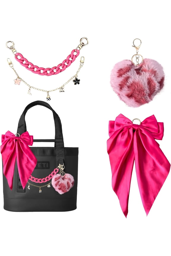 Bag Charms for Tote Bags, Satin Bow Keychain Kit Accessories for Yeti Camino, Fluffy Ball Gold Chains Charms for Women Purse Beach Handbag