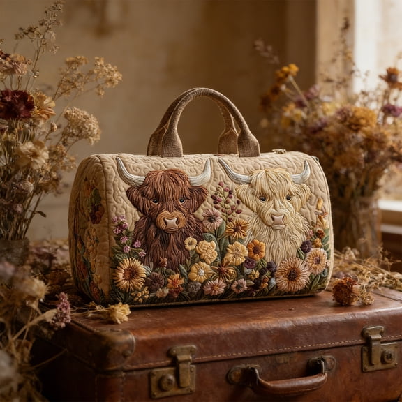 Bag Clearance! Hand-Embroidered Highland Cow Flower Tote Gym Bag, Hand-Stitched Quilted Travel Duffle with Rustic Farmhouse Countryside Design, Valentines Mother's Father's Day Gift for Women Men(L)