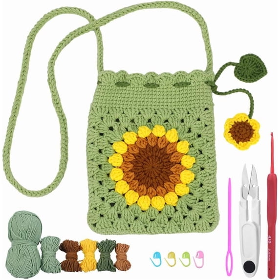 Bag DIY Crochet Kit Complete Beginner Crochet Kits Sunflower Crocheting Phone Bag Starter Step-by-Step Video Tutorials Learn to Stitch 3D Knitting Crochet Amigurumi Kits for Adult Starters Colorful