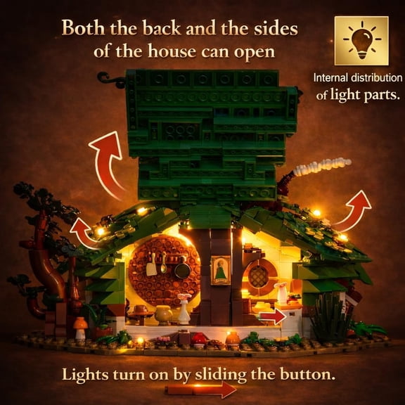 Bag End Dwarf Hole Building Blocks Set (1088 PCS) - 35x27x15cm Model with Interior LED Light, Working Doors - Collectible Display Cabin blokcs