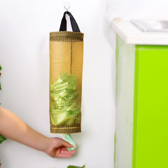Bag Holder for Plastic Bags,Mesh Hanging Grocery Bag Dispenser, Foldable Washable Breathable Hanging Mesh Garbage Bag for Kitchen-Yellow