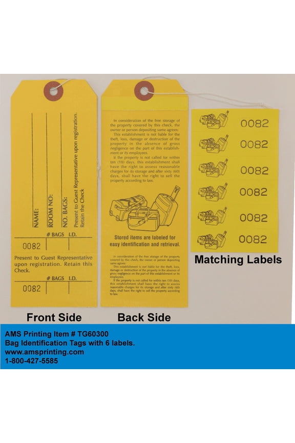 Bag Identification Tags, Manifold Construction for multiple bags in Black Ink on Yellow stock & 6 Yellow labels with matching numbers & Elastic String attached. TG60300. Size: 6 1/2" x 2 1/2".