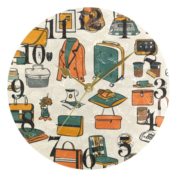 Bag Shoes Chairs Clothes Round Wall Clock Battery Operated Silent Non-Ticking Bedroom Office Kitchen Home School Decor 10"(Gold)