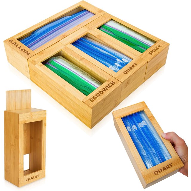 Bag Storage Organizer Bamboo Food Plastic Baggie Holder, Dispenser