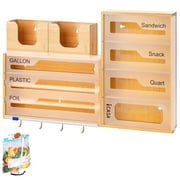 iCASA 15 - in - 1 Bamboo Storage Bag Organizer for Kitchen Drawer & Wall Moun, Kitchen Foil and Plastic Wrap Dispenser with Cutter, Food Sandwich Bag Organizer for Drawer, Bamboo Baggie Container Box