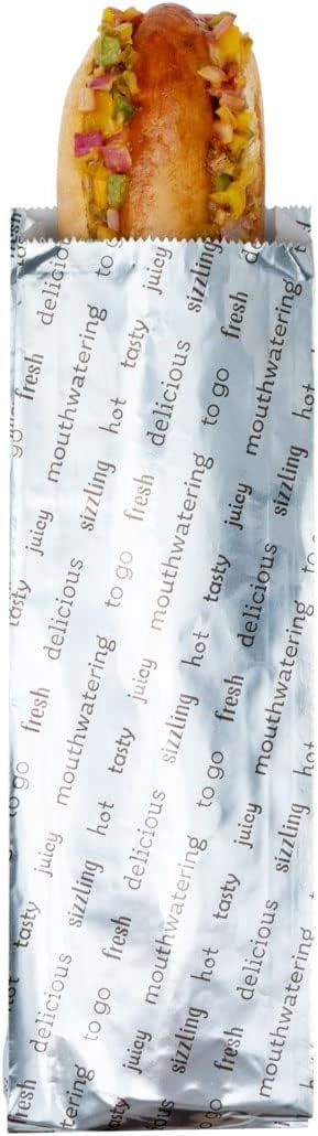 Bag Tek 3.7 x 1.2 x 12 Inch Hot Dog Bags 100 Large Hot Dog Wrappers - Greaseproof Freezer-Safe Printed Foil Hot Dog Cart Accessories Heat-Resistant Non-Vented