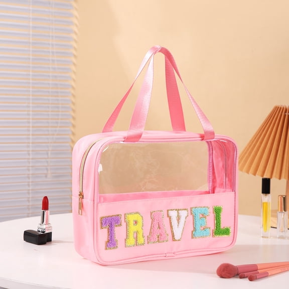 Bag for Travel - Chenille Letter Clear Makeup Bag, Large Preppy Patch Snack Cosmetic Bag with Handle and Zipper, Cute Makeup Pouch Nylon&PVC Waterproof Toiletry Organizer Storage for Women Girls