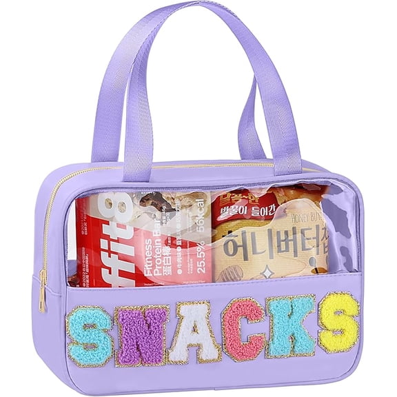 Bag for Travel - Chenille Letter Clear Makeup Bag, Large Preppy Patch Snack Cosmetic Bag with Handle and Zipper, Cute Makeup Pouch Nylon&PVC Waterproof Toiletry Organizer Storage for Women Girls