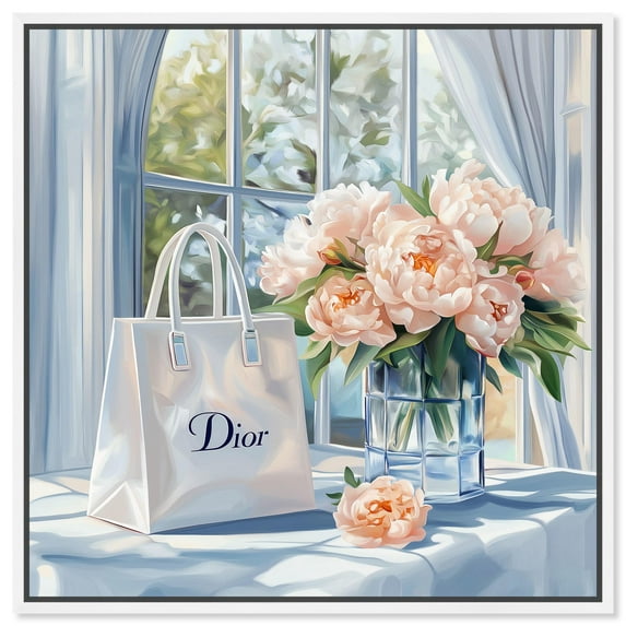Bag and Peonies Canvas Glam Art Prints by Art Remedy, White Frame, 30 x 30