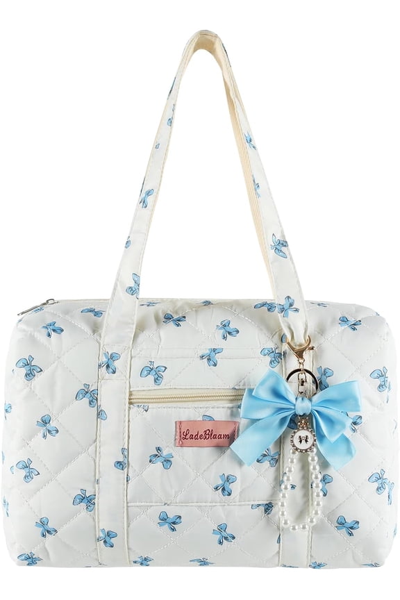 Bag with Ribbon Bow - Blue Cute Travel Bag Bow Tote Bags,Floral Quilted Duffle Bag for Women Girls, Aesthetic Y2K Bags, Bag for Travel Trip Work