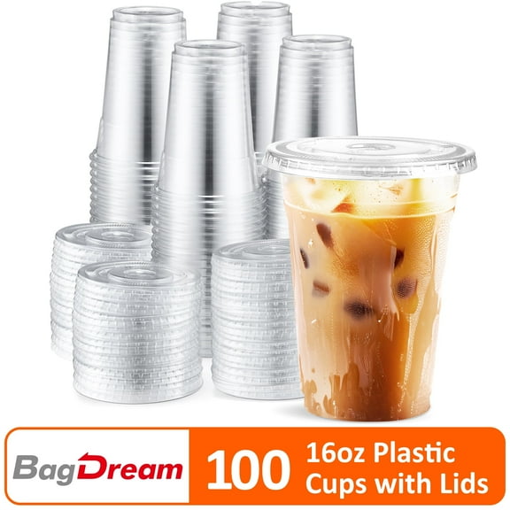 BagDream 16 oz Clear Plastic Cups with Flat Lids, 100 Pack Disposable Plastic Coffee Cups for Iced Coffee, Cold Beverages, Smoothies, Milkshake