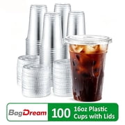 BagDream 100 Pack 16 oz Clear Plastic Cups with Lids, Disposable Iced Coffee Cups for Cold Drinks, Iced Tea, Milkshakes, Smoothies