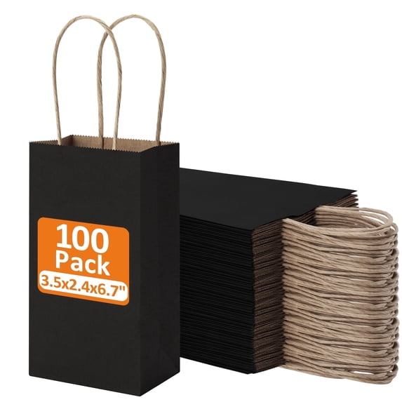 BagDream 100 Pack Mini Black Gift Bags with Handles 3.5x2.4x6.7 Small Kraft Party Favor Bags for Birthday, Baby Shower, Father's Day, Small Business