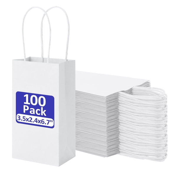 BagDream 100 Pack Mini White Gift Bags with Handles 3.5x2.4x6.7 Recyclable Kraft Paper Bags for Party Favor, Small Business
