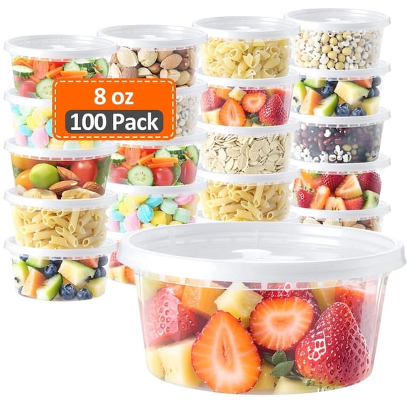 BagDream 100 Sets Deli Containers with Lids 8 oz, Leak-Proof & BPA Free Airtight Takeout Plastic Food Storage Containers for Soup, Freezer/Microwave/Dishwasher Safe