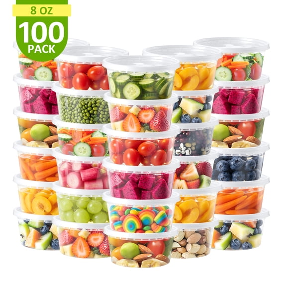 BagDream 100 Pack Airtight Deli Containers with Lids, 8oz Plastic Food Storage Containers Microwave Freezer Dishwasher Safe for Takeout & Storage