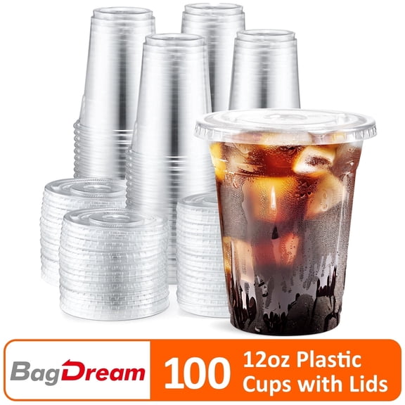 BagDream 12 oz Clear Plastic Cups with Flat Lids 100 Pack Disposable Iced Coffee Cups for Smoothies, Milkshake, Beverages, Cold Drinks