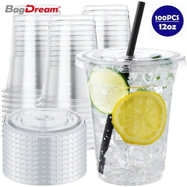BagDream 100 Sets 12oz Clear Plastic Cups with Lids, Disposable Iced Coffee Cups with Flat Lids for Cold Drinks, Smoothie, Graduation Party Favors Supplies