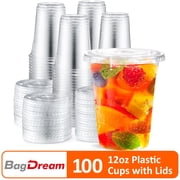 BagDream 12 oz Clear Plastic Cups with Flat Lids 100 Pack Disposable Iced Coffee Cups for Smoothies, Milkshake, Beverages, Cold Drinks