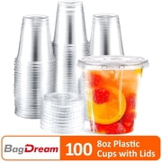 BagDream 8 oz Clear Plastic Cups with Flat Lids, 100 Pack Disposable Iced Coffee Cups for Smoothie, Milkshake, Iced Coffee, Cold Drinks, Party