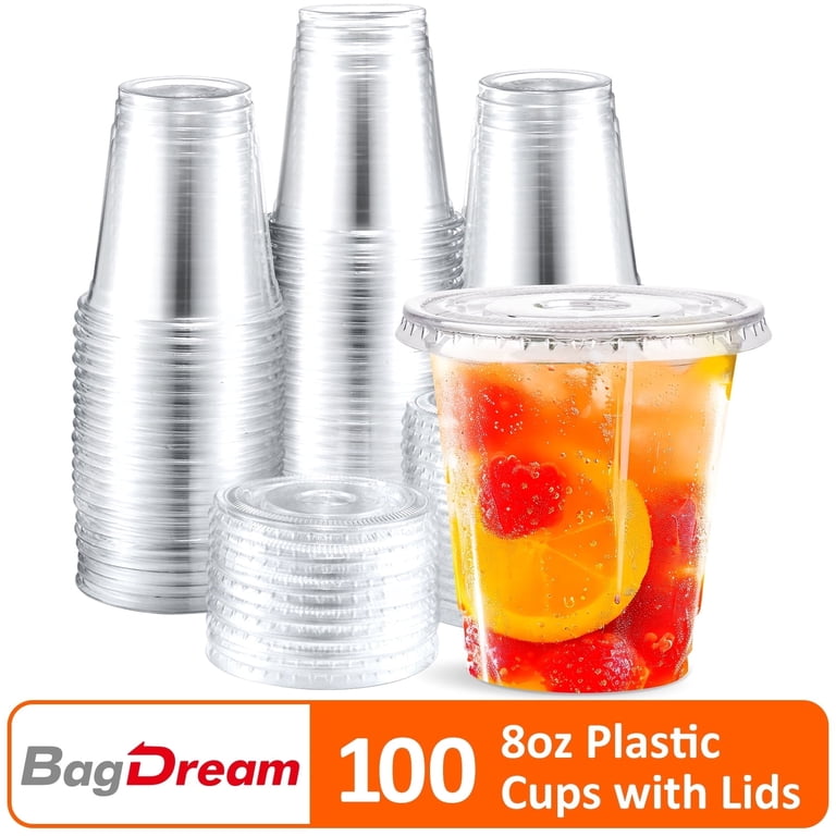 BagDream 8 oz Clear Plastic Cups with Flat Lids, 100 Pack Disposable Iced  Coffee Cups for Smoothie, Milkshake, Iced Coffee, Cold Drinks, Party
