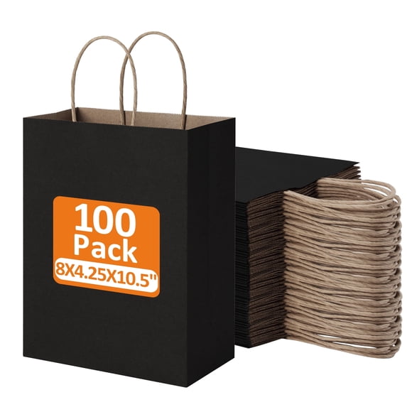 BagDream 100Pcs Paper Gift Bags 8x4.25x10.5 Black Kraft Paper Bags with Handles Shopping Bags Bulk Medium Size for Father's Day, Party Favor, Retail, Merchandise, Busines