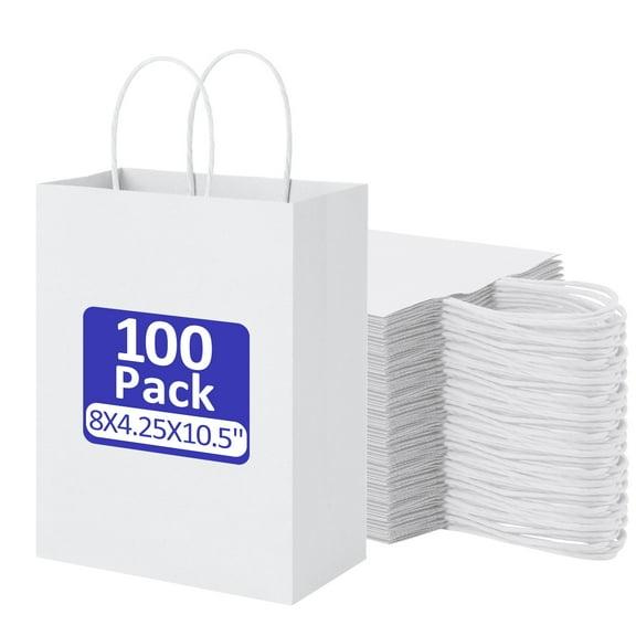 BagDream 100Pcs Paper Gift Bags 8x4.25x10.5 White Kraft Paper Bags with Handles Shopping Bags Bulk Medium Size for Wedding, Mother's Day, Baby Show and Birthday