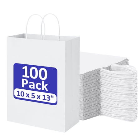 BagDream White Paper Gift Bags with Handles Kraft Paper Shopping Bags for Business, Shopping, Grocery, Retail, Birthday Wedding Party Favor, 10x5x13", 100 Pack