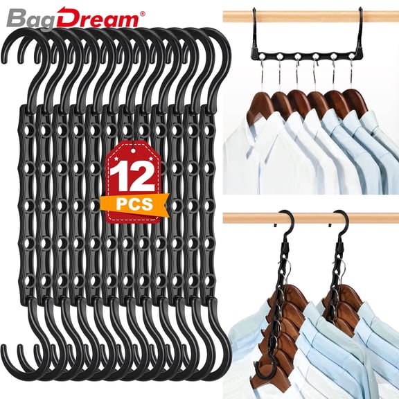 BagDream 12 Pack Black Magic Space Saving Hangers, Sturdy Plastic Hanger Closet Organizers with 5 Holes for Heavy Clothes, College Dorm Room Essentials, Home Organization