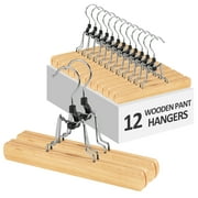 BagDream 12 Pack Wooden Pants Hangers with Clips, Smooth Finish Solid Wood Non Slip Skirt Hangers Jeans Slack Clamp Hanger, Natural