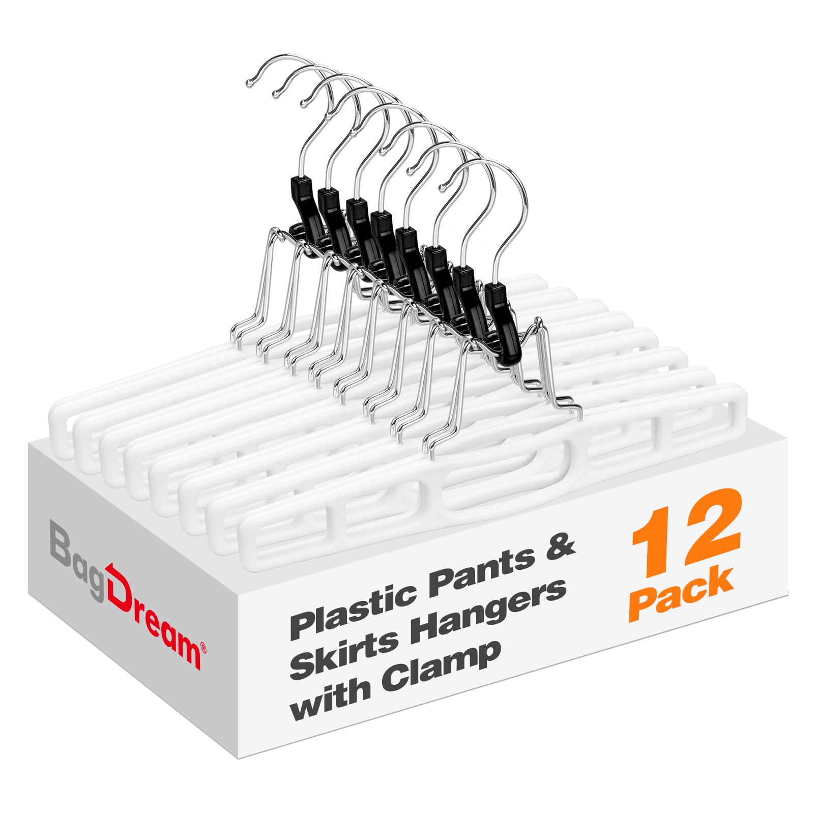 BagDream 12 Pack Plastic Skirt Hangers for Women Men, 11 Inch Space Saving Pant Hangers with Locking Clasp, Heavy Duty Clamp Hangers for Pants Jeans Shorts