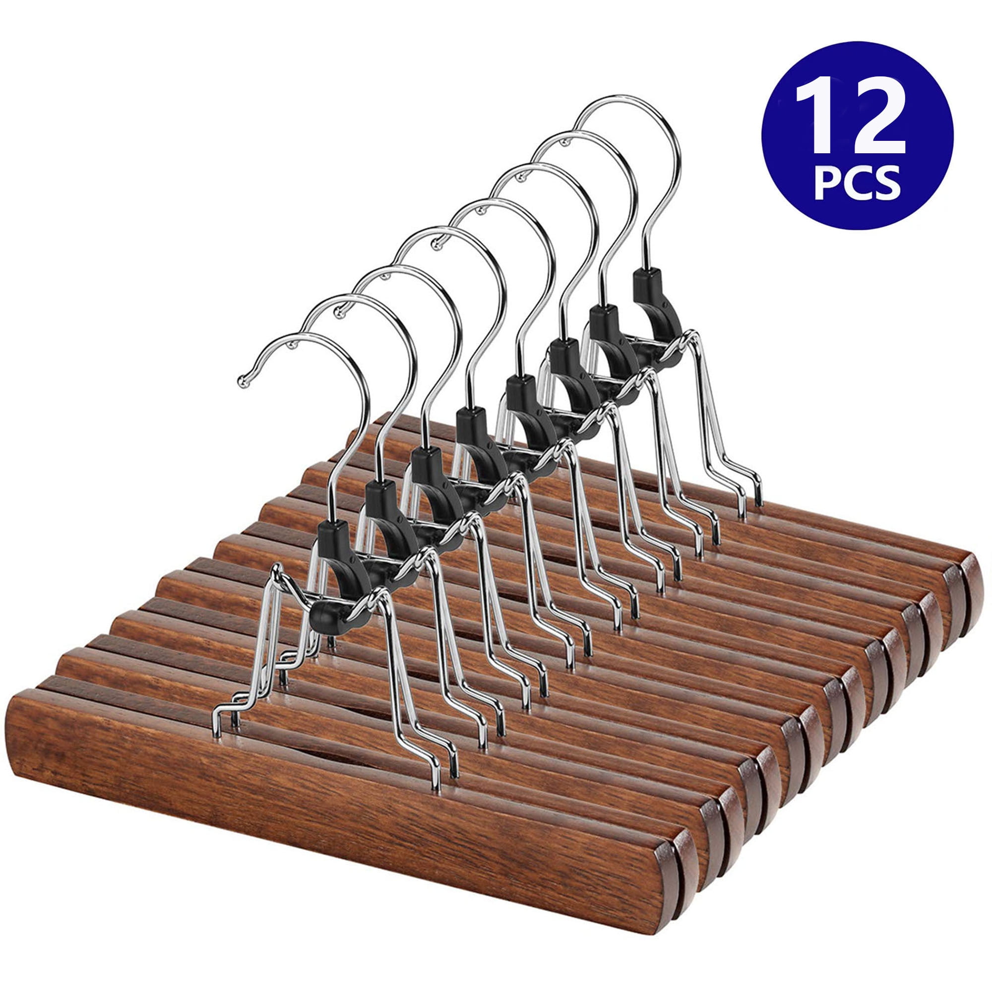 BagDream 12 Pack Walnut Wooden Pants Hangers with Clips Non Slip Skirt